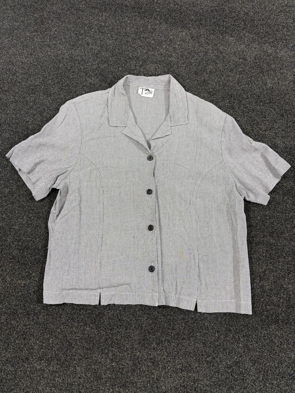 TAZ Blouse Womens XL Gray Check Collared Short Sleeve Button Front Rayon Top